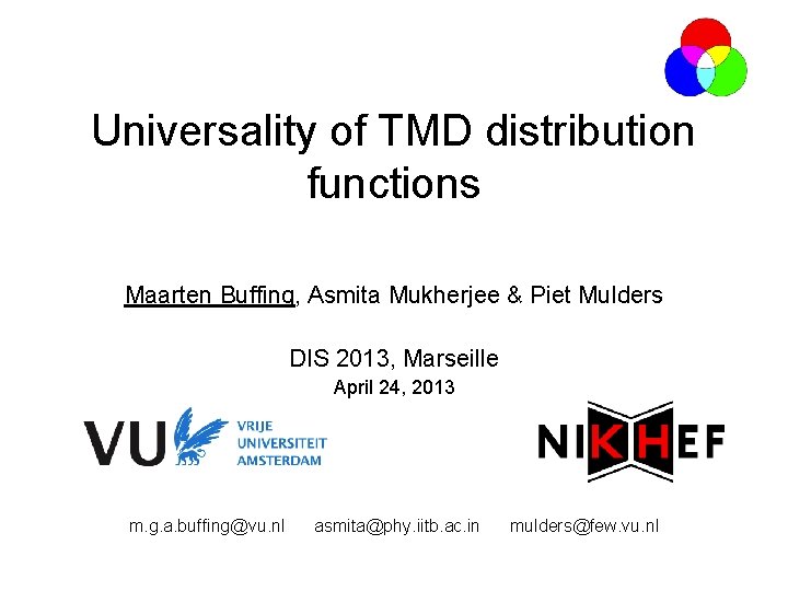 Universality of TMD distribution functions Maarten Buffing, Asmita Mukherjee & Piet Mulders DIS 2013,