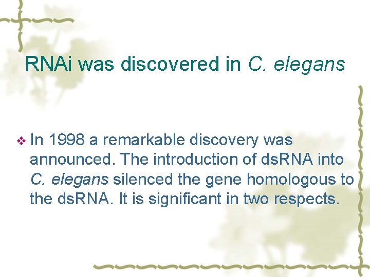 RNAi was discovered in C. elegans v In 1998 a remarkable discovery was announced.