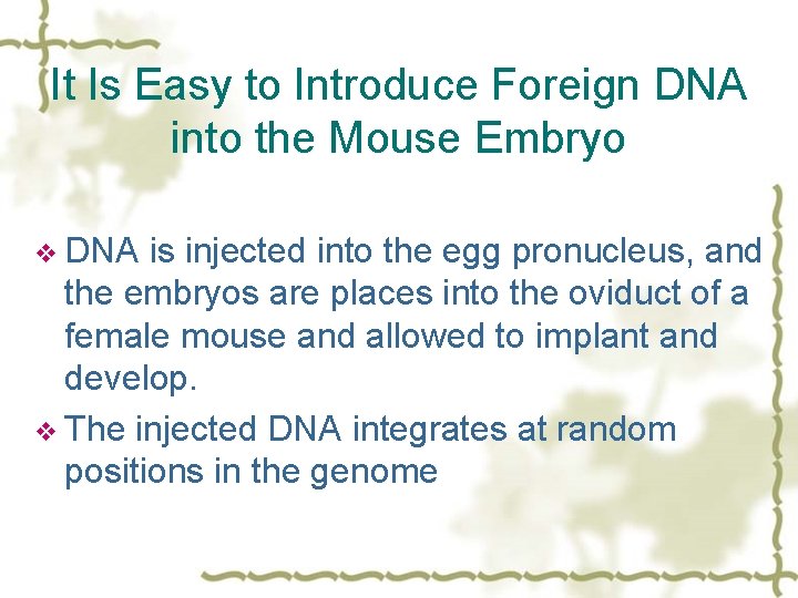 It Is Easy to Introduce Foreign DNA into the Mouse Embryo v DNA is