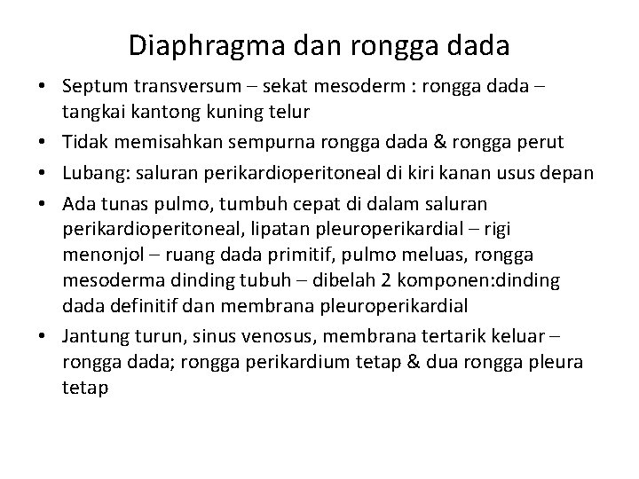 Diaphragma dan rongga dada • Septum transversum – sekat mesoderm : rongga dada –