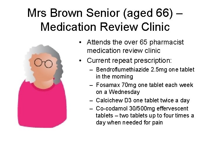 Mrs Brown Senior (aged 66) – Medication Review Clinic • Attends the over 65