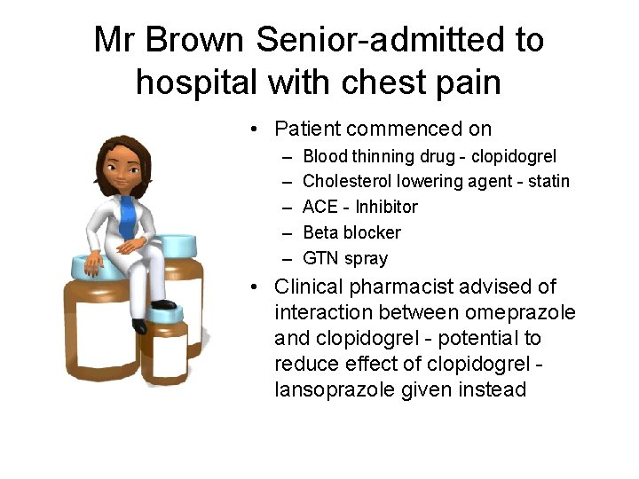 Mr Brown Senior-admitted to hospital with chest pain • Patient commenced on – –