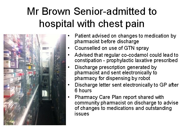 Mr Brown Senior-admitted to hospital with chest pain • Patient advised on changes to