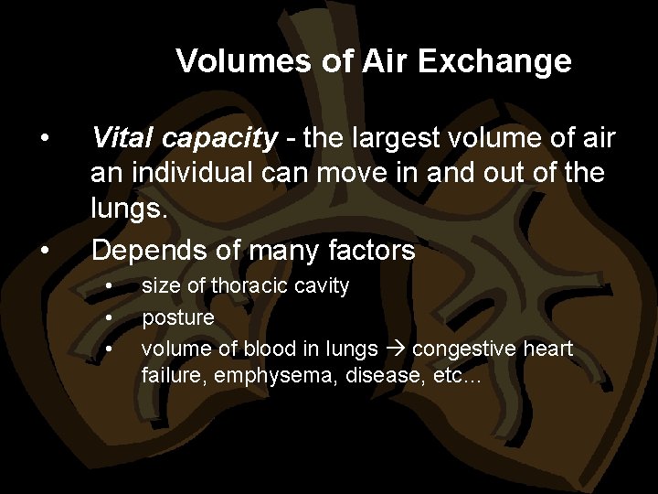 Volumes of Air Exchange • • Vital capacity - the largest volume of air