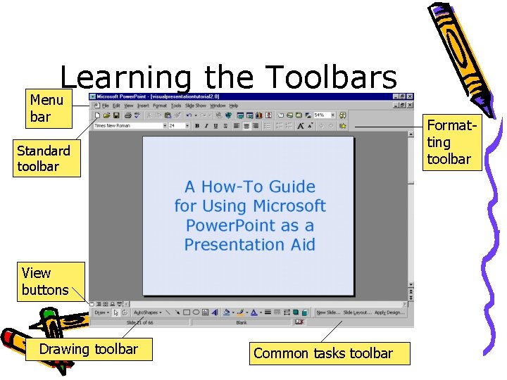 Learning the Toolbars Menu bar Formatting toolbar Standard toolbar View buttons Drawing toolbar Common