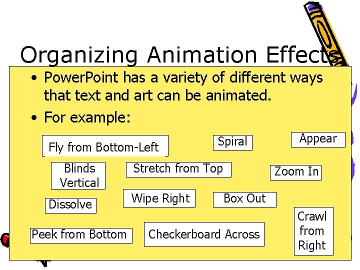 Organizing Animation Effects • Power. Point has a variety of different ways that text