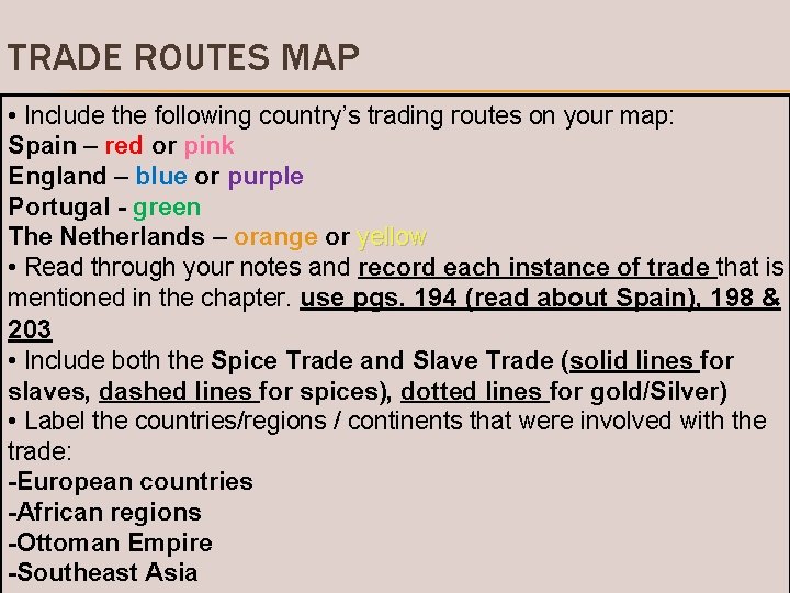 TRADE ROUTES MAP • Include the following country’s trading routes on your map: Spain