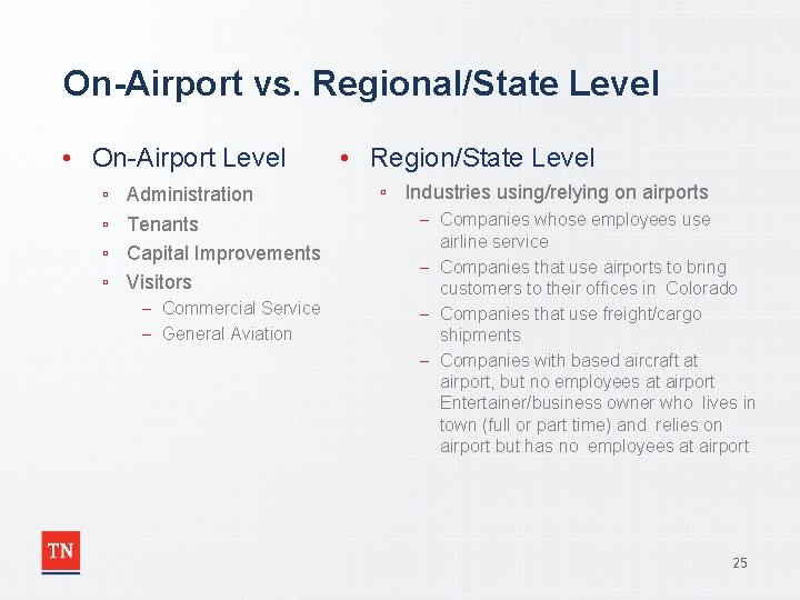 On-Airport vs. Regional/State Level • On-Airport Level ▫ ▫ Administration Tenants Capital Improvements Visitors