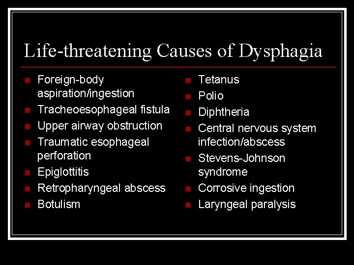 Life-threatening Causes of Dysphagia n n n n Foreign-body aspiration/ingestion Tracheoesophageal fistula Upper airway