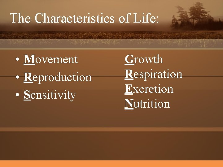 The Characteristics of Life: • Movement • Reproduction • Sensitivity Growth Respiration Excretion Nutrition