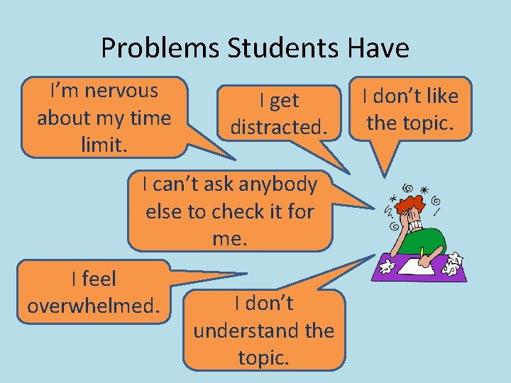 Problems Students Have I’m nervous about my time limit. I get distracted. I can’t