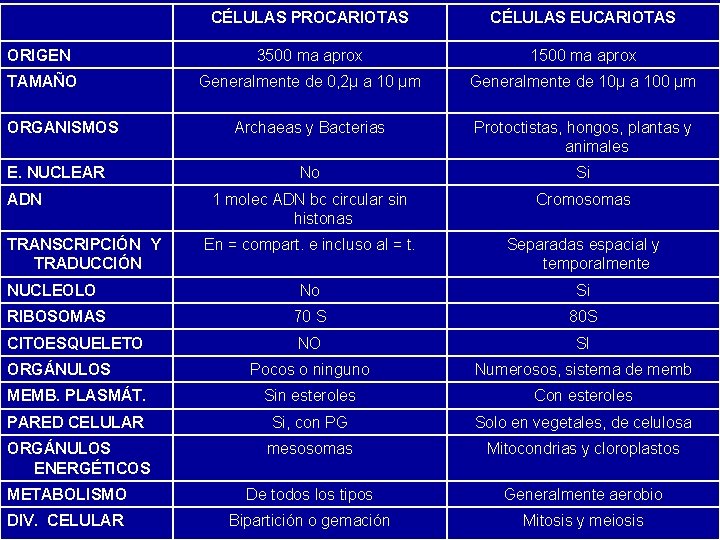 CÉLULAS PROCARIOTAS CÉLULAS EUCARIOTAS ORIGEN 3500 ma aprox 1500 ma aprox TAMAÑO Generalmente de