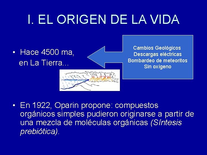 I. EL ORIGEN DE LA VIDA • Hace 4500 ma, en La Tierra. .