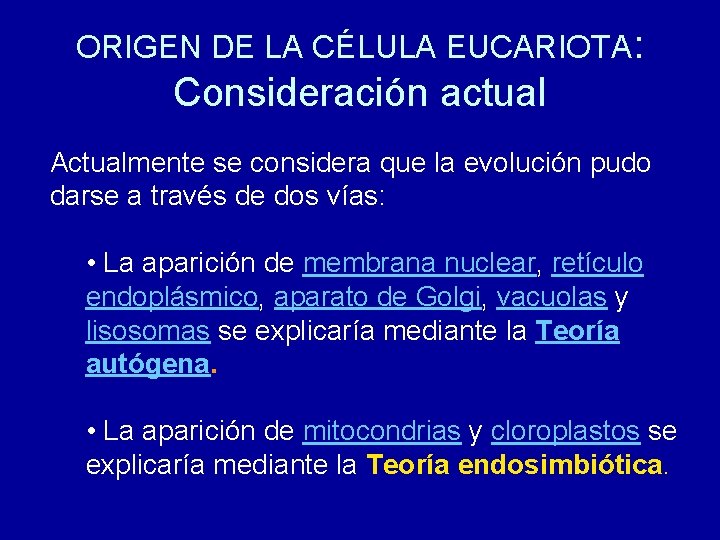 ORIGEN DE LA CÉLULA EUCARIOTA: Consideración actual Actualmente se considera que la evolución pudo