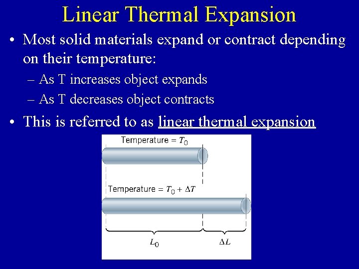 Linear Thermal Expansion • Most solid materials expand or contract depending on their temperature: