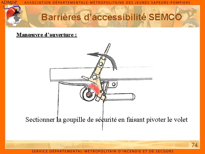 Barrières d’accessibilité SEMCO Manœuvre d’ouverture : Sectionner la goupille de sécurité en faisant pivoter