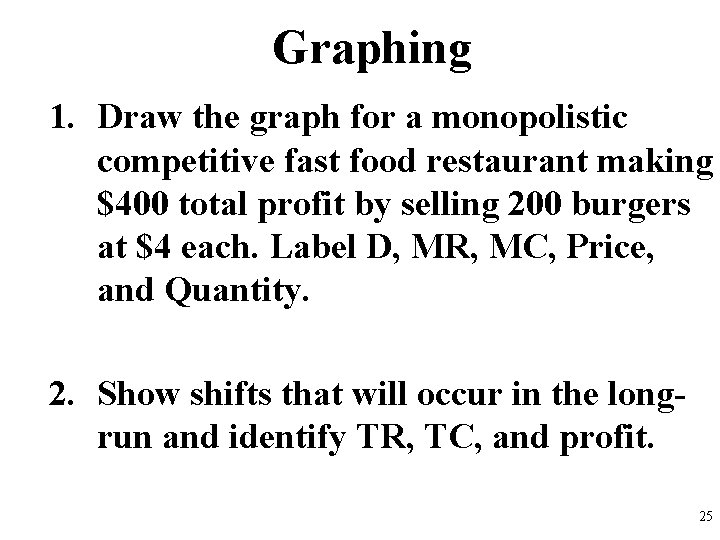 Graphing 1. Draw the graph for a monopolistic competitive fast food restaurant making $400