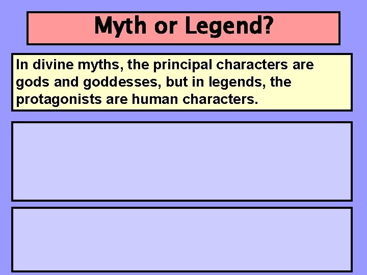 Myth or Legend? In divine myths, the principal characters are gods and goddesses, but