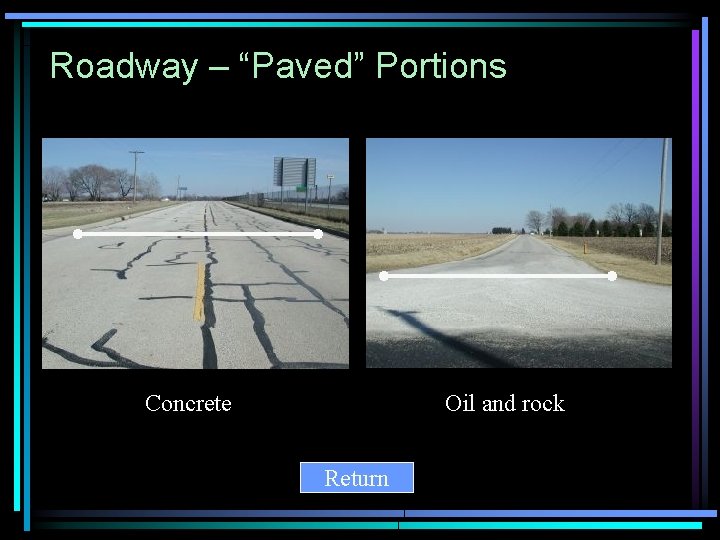 Roadway – “Paved” Portions Concrete Oil and rock Return 
