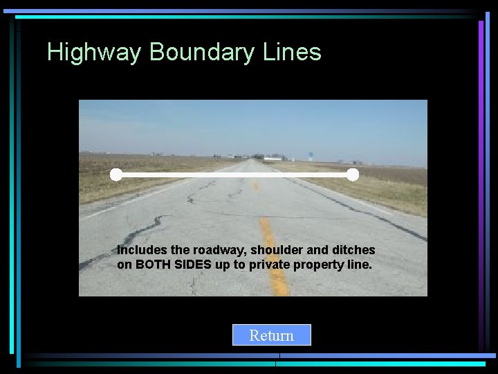 Highway Boundary Lines Includes the roadway, shoulder and ditches on BOTH SIDES up to