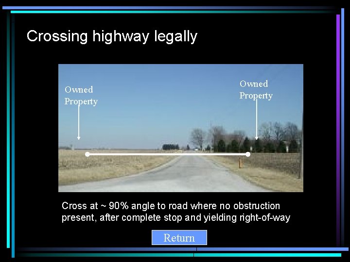 Crossing highway legally Owned Property Cross at ~ 90% angle to road where no