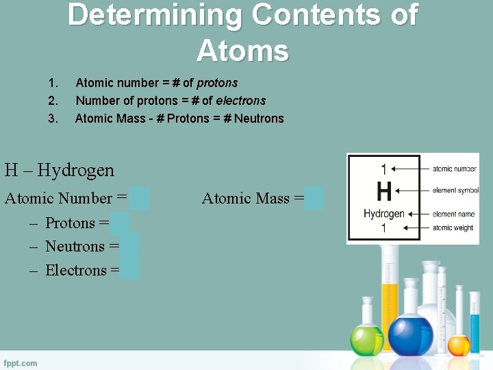 Determining Contents of Atoms 1. 2. 3. Atomic number = # of protons Number