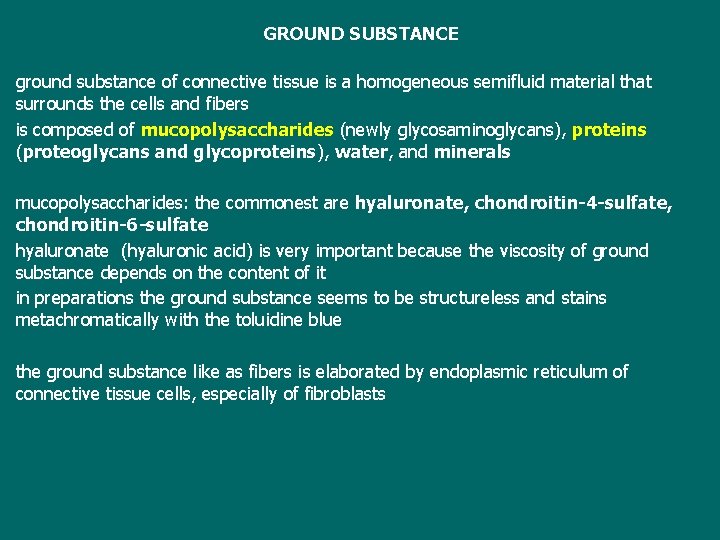 GROUND SUBSTANCE ground substance of connective tissue is a homogeneous semifluid material that surrounds