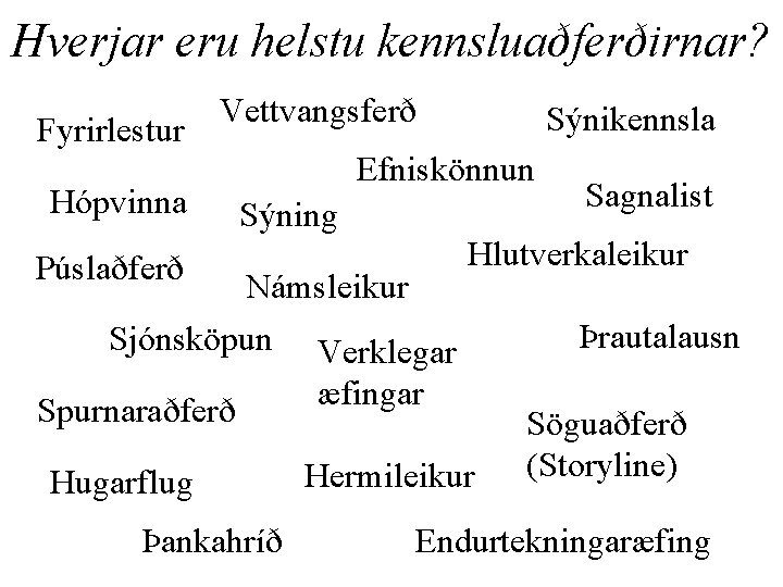 Hverjar eru helstu kennsluaðferðirnar? Fyrirlestur Vettvangsferð Hópvinna Sýnikennsla Efniskönnun Sýning Púslaðferð Námsleikur Sjónsköpun Verklegar