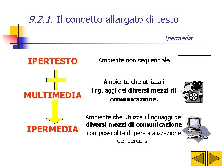 9. 2. 1. Il concetto allargato di testo Ipermedia IPERTESTO Ambiente non sequenziale MULTIMEDIA