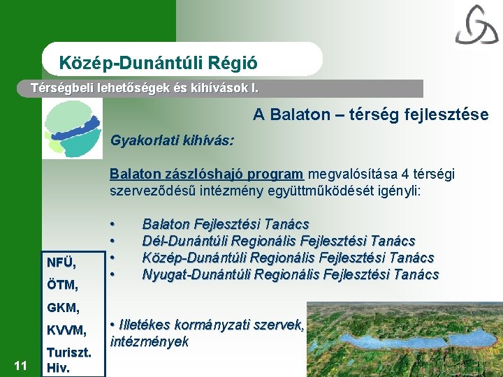 Közép-Dunántúli Régió Térségbeli lehetőségek és kihívások I. A Balaton – térség fejlesztése Gyakorlati kihívás: