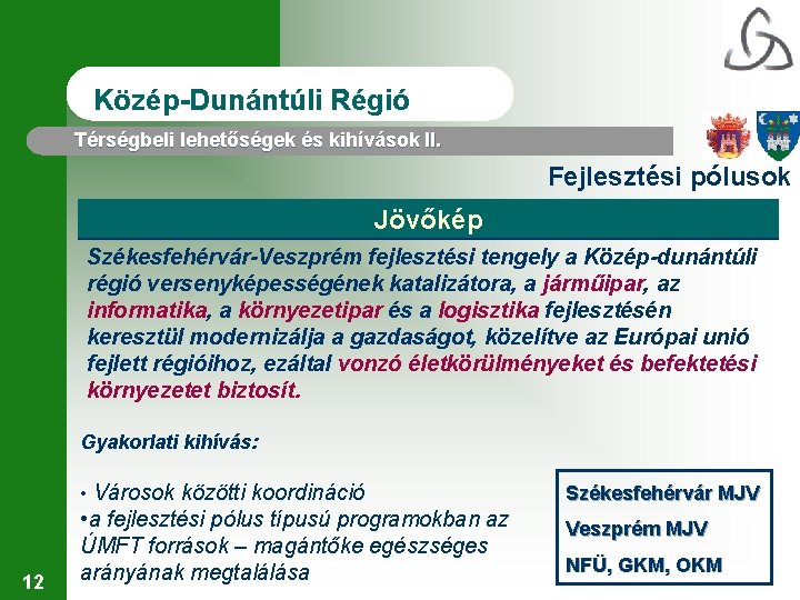 Közép-Dunántúli Régió Térségbeli lehetőségek és kihívások II. Fejlesztési pólusok Jövőkép Székesfehérvár-Veszprém fejlesztési tengely a