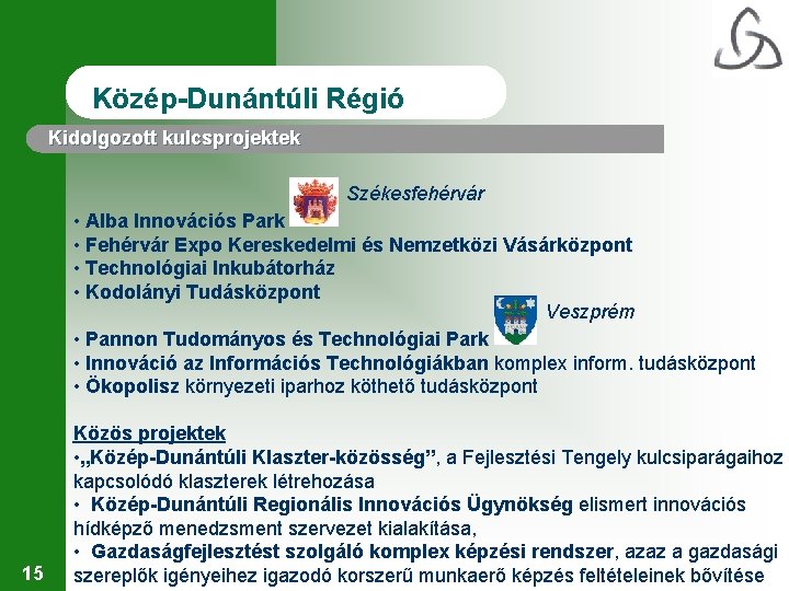 Közép-Dunántúli Régió Kidolgozott kulcsprojektek Székesfehérvár • Alba Innovációs Park • Fehérvár Expo Kereskedelmi és