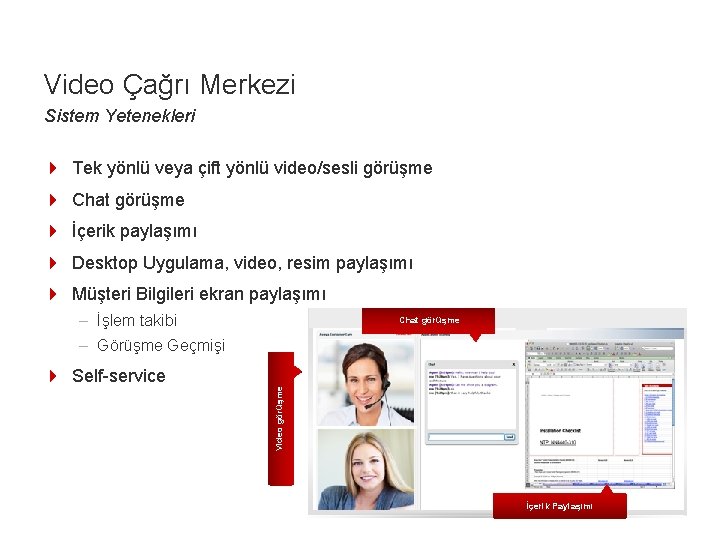 Video Çağrı Merkezi Sistem Yetenekleri 4 Tek yönlü veya çift yönlü video/sesli görüşme 4