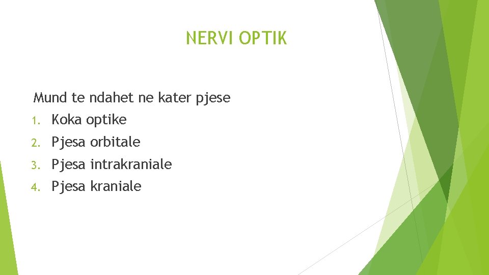 NERVI OPTIK Mund te ndahet ne kater pjese 1. Koka optike 2. Pjesa orbitale
