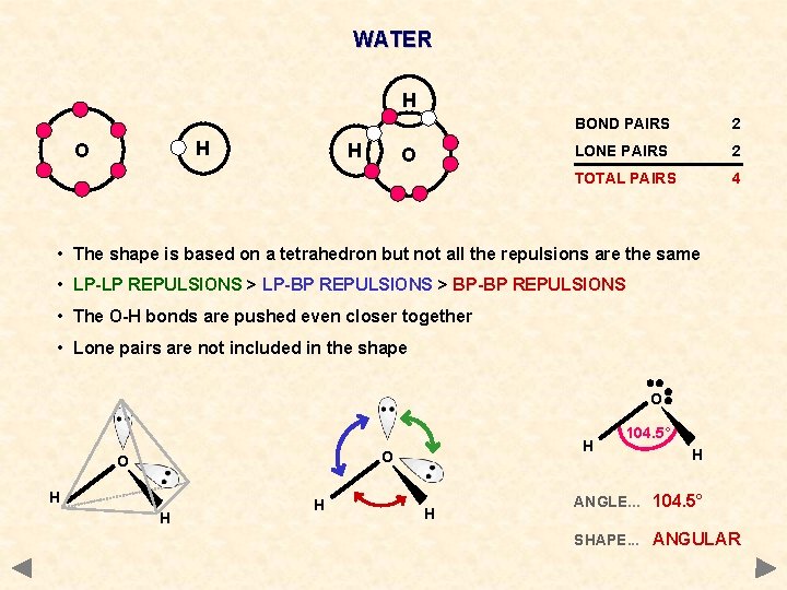 WATER H H O BOND PAIRS 2 LONE PAIRS 2 TOTAL PAIRS 4 •