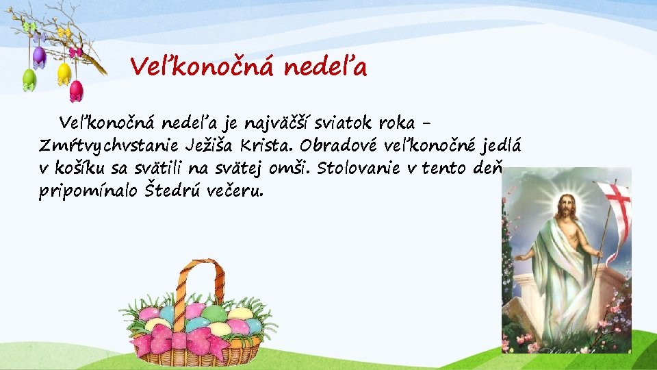 Veľkonočná nedeľa je najväčší sviatok roka Zmŕtvychvstanie Ježiša Krista. Obradové veľkonočné jedlá v košíku