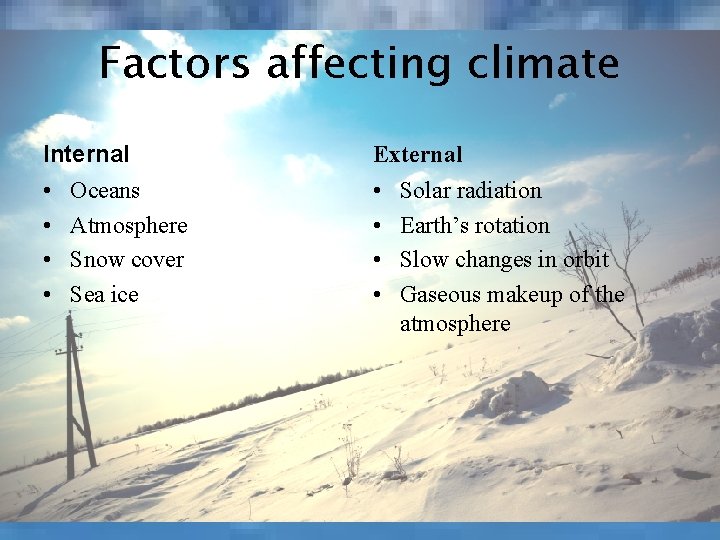 Factors affecting climate Internal • Oceans • Atmosphere • Snow cover • Sea ice