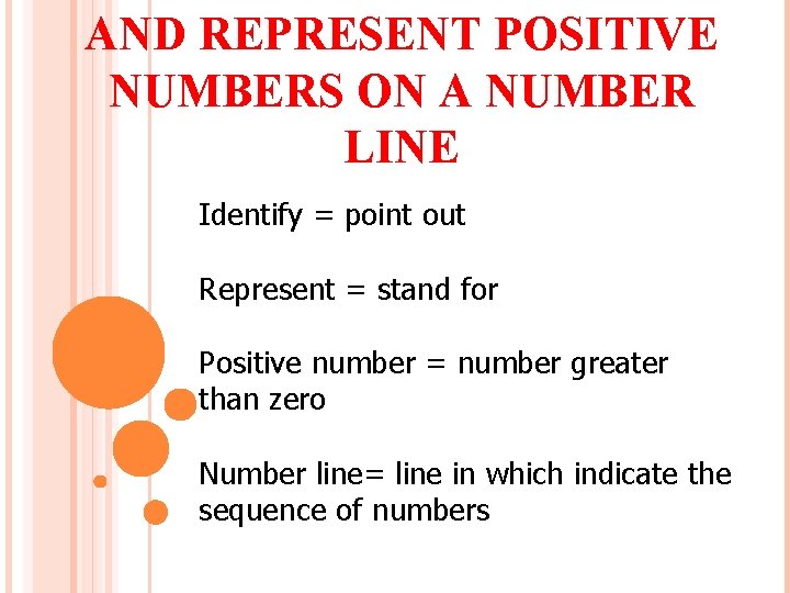 AND REPRESENT POSITIVE NUMBERS ON A NUMBER LINE Identify = point out Represent =