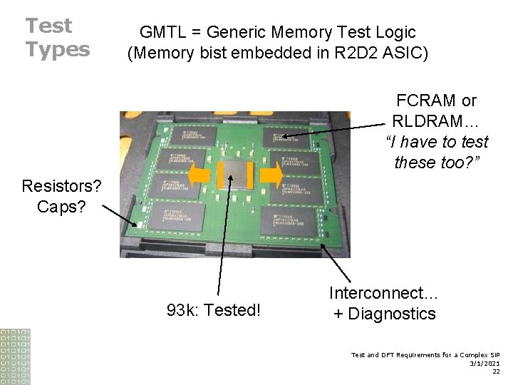Test Types GMTL = Generic Memory Test Logic (Memory bist embedded in R 2