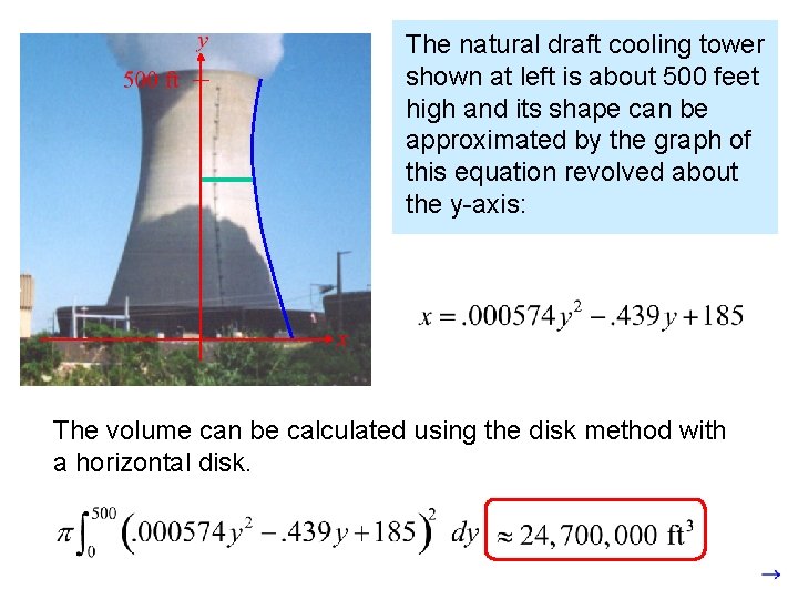 The natural draft cooling tower shown at left is about 500 feet high and