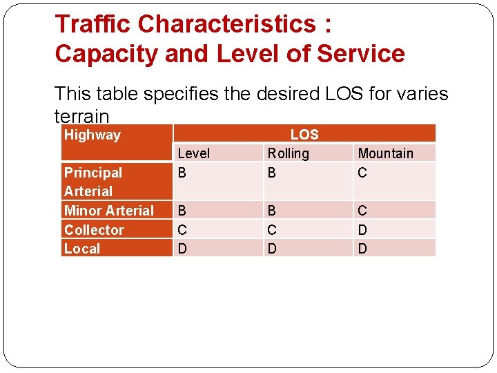 Traffic Characteristics : Capacity and Level of Service This table specifies the desired LOS