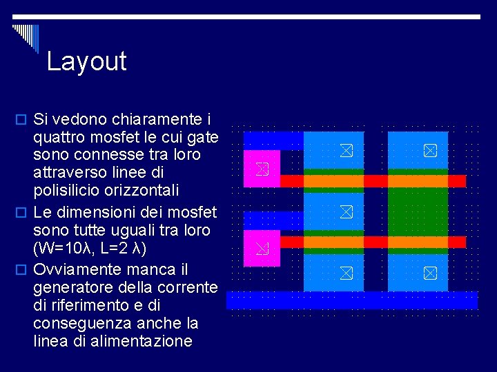 Layout o Si vedono chiaramente i quattro mosfet le cui gate sono connesse tra Layout o Si vedono chiaramente i quattro mosfet le cui gate sono connesse tra