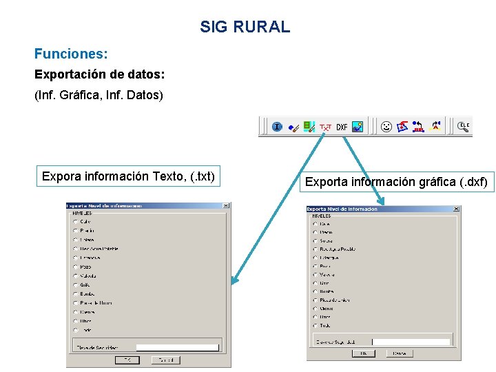 SIG RURAL Funciones: Exportación de datos: (Inf. Gráfica, Inf. Datos) Expora información Texto, (.