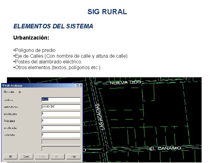 SIG RURAL ELEMENTOS DEL SISTEMA Urbanización: • Polígono de predio • Eje de Calles