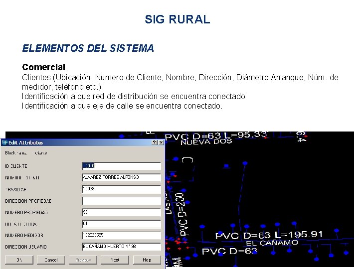 SIG RURAL ELEMENTOS DEL SISTEMA Comercial Clientes (Ubicación, Numero de Cliente, Nombre, Dirección, Diámetro