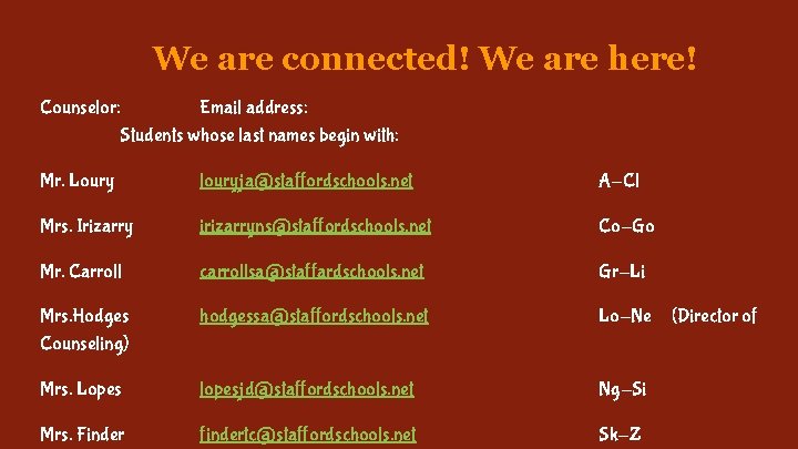 We are connected! We are here! Counselor: Email address: Students whose last names begin