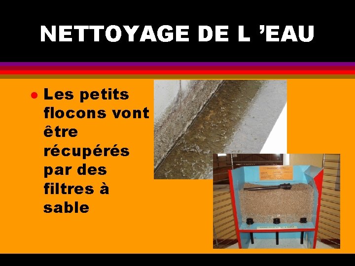 NETTOYAGE DE L ’EAU l Les petits flocons vont être récupérés par des filtres