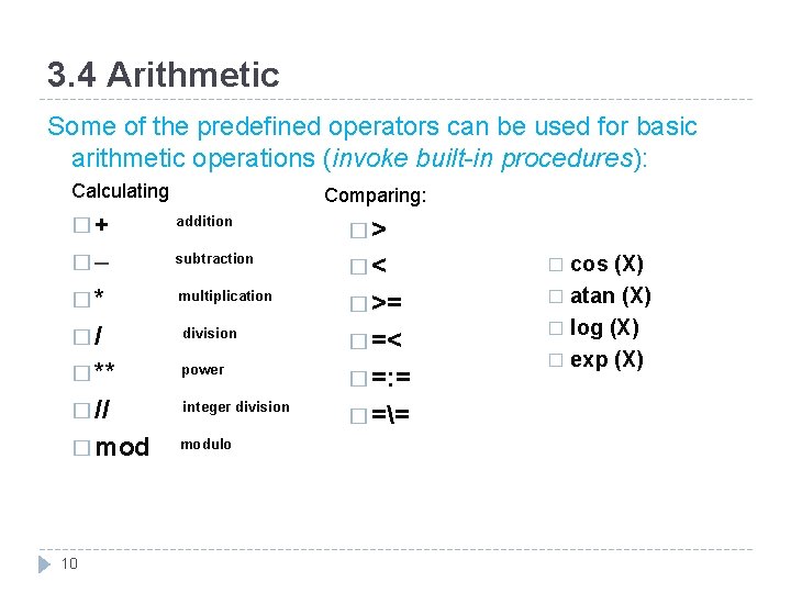 3. 4 Arithmetic Some of the predefined operators can be used for basic arithmetic