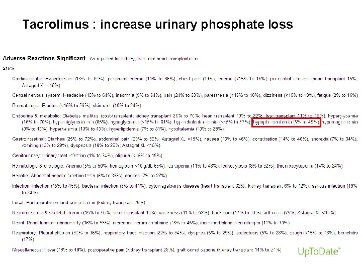Tacrolimus : increase urinary phosphate loss 