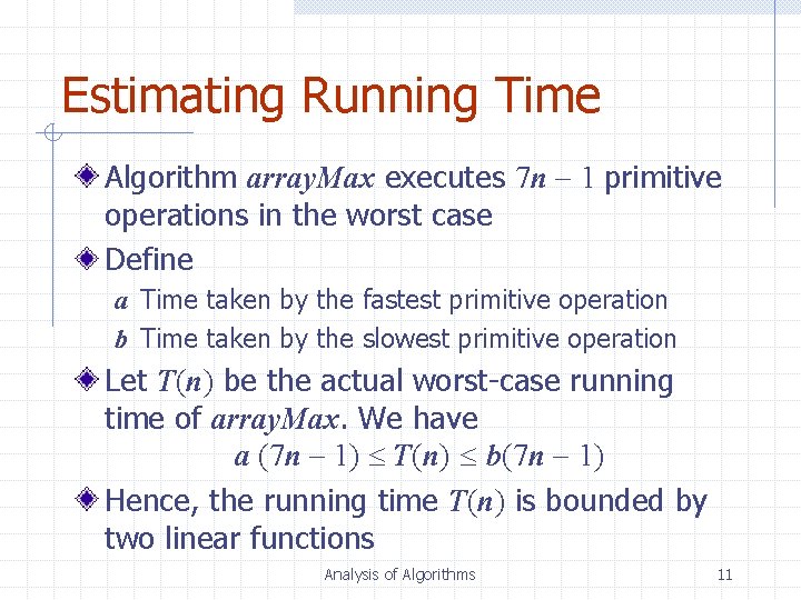 Estimating Running Time Algorithm array. Max executes 7 n 1 primitive operations in the